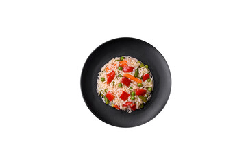 Delicious boiled rice with peppers, peas, asparagus beans and carrots