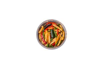 Delicious fried potatoes with bell peppers, asparagus beans, salt and spices