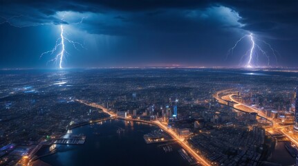 Lightning storm over city in purple light