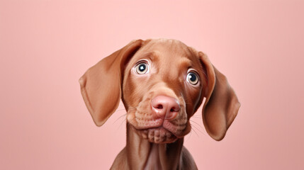 Funny hungry vizsla puppy dog licking its lips with tongue looking up. Isolated on pink background - obrazy, fototapety, plakaty