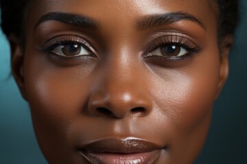 Close up portrait face of young black woman with clean skin and beautiful eyes. Girl looking at camera.