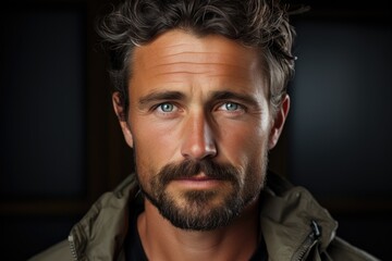 Mid adult man with beard smiling, dressed in winter jacket, portrait on dark background