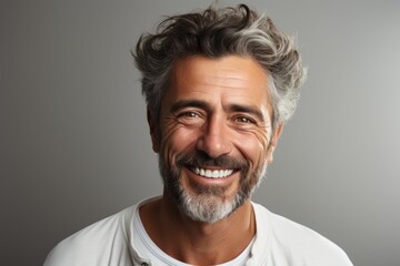 Obraz premium Handsome middle age man with beard wearing casual clothes over grey background. Happy face smiling, looking at the camera. Positive person.