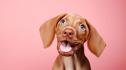 Funny hungry vizsla puppy dog licking its lips with tongue looking up. Isolated on pink background