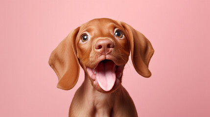 Funny hungry vizsla puppy dog licking its lips with tongue looking up. Isolated on pink background - obrazy, fototapety, plakaty
