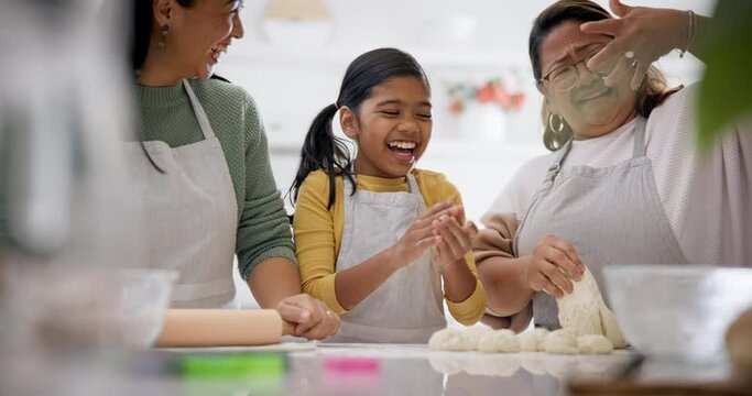 Food, cooking and laughing with family in kitchen for learning, support and baker. Happy, nutrition and generations with women and child baking at home for breakfast, health and teaching together