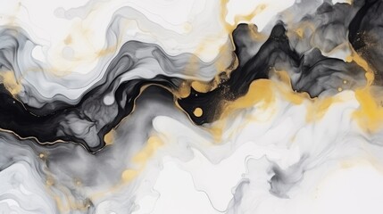 Abstract watercolor paint background illustration - Black gray color and golden lines, with liquid fluid marbled swirl waves texture banner texture, isolated on white background