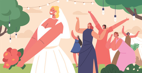 Bride Toss Wedding Bouquet To Unmarried Guests, Symbolizing Passing On Happiness And Good Fortune, Vector Illustration