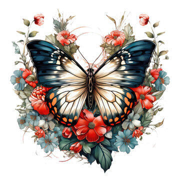 A poetic and delicate butterfly t-shirt design with a focus on the beauty of nature, featuring a butterfly surrounded by delicate flowers and foliage, Generative Ai