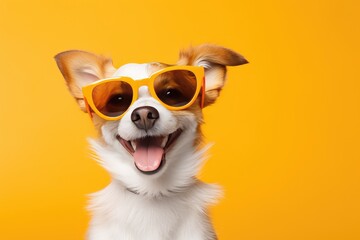 Dog in sunglasses takes on the role of a human on vacation