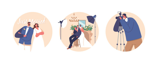 Fototapeta premium Isolated Round Icons Or Avatars Of Newlywed Capture The Magic Of Special Day With A Studio Wedding Photo Session