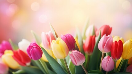Bouquet of colorful tulips on blurred background.