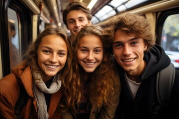 Friends - teen girls and boys, taking selfie picture together in train during joint trip. Happy smiling tourists or students. - obrazy, fototapety, plakaty