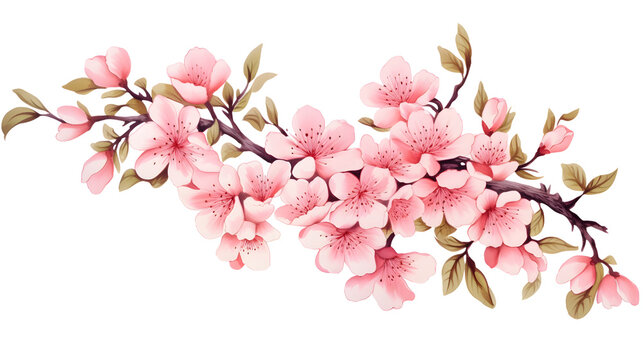 Pink cherry blossoms and leaves bouquet. Watercolor painted floral arrangement. Cut out PNG illustration on transparent background.