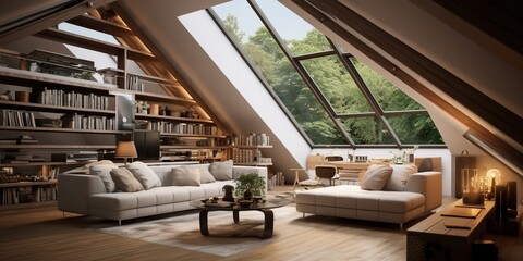A modern attic inside is a stylish and functional living space that has been designed to make the most of the unique characteristics of an attic. Generative AI