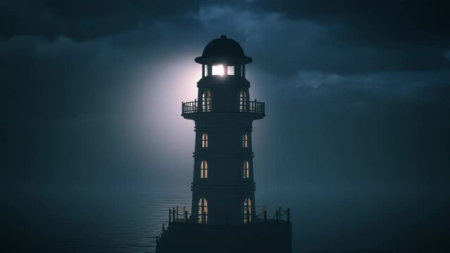 A rotating light beams from the top of a solitary lighthouse on a foggy night.