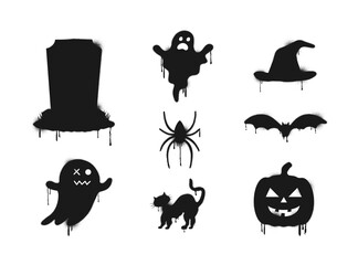 Graffiti drawing Halloween symbols set. Painted graffiti spray pattern of gravestone, ghost, bat, cat, spider, hat and Halloween pumpkin. Black spray painted over elements. Street art style. Vector.