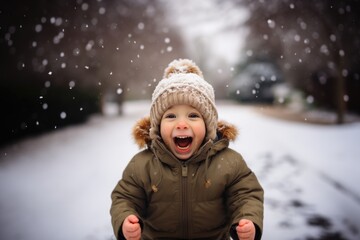 Cute child with happy face wearing a warm hat and warm jacket surrounded with snowflakes. Winter holidays concept.