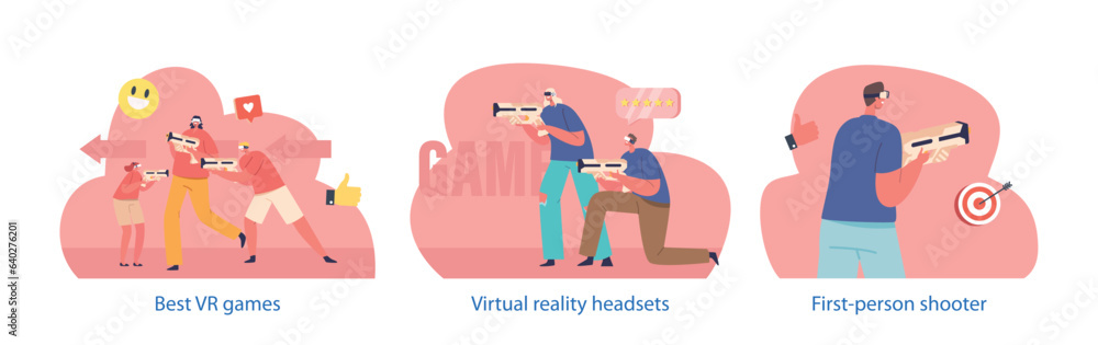 Aufkleber isolated elements with player characters immerse in virtual reality games with gun simulations, enga