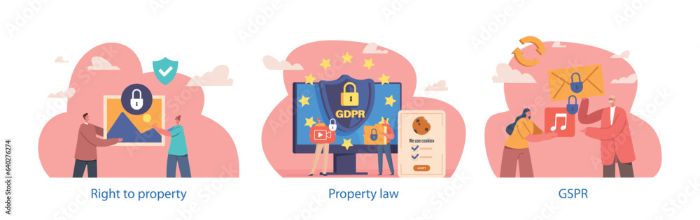 Poster isolated vector elements with characters perform gdpr, general data protection regulation, comprehen
