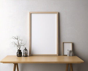 Interior poster mockup with a square metal frame and plants in a vase against a white wall.