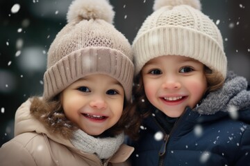 Two cute kids with happy faces wearing a warm hats and warm jackets surrounded with snowflakes. Winter holidays concept.
