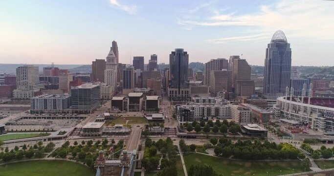 Downtown Cincinnati, OH skyline, aerial drone footage