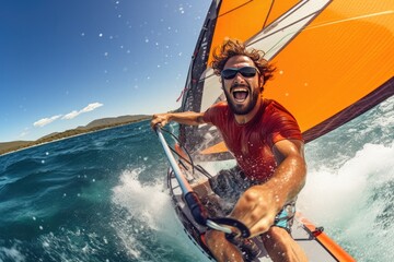 Exhilarating experience of windsurfing from a first-person perspective.