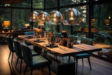 Fototapeta na wymiar Modern luxury and calming chalet dining room