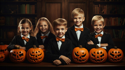 Happy Halloween! a group of children in suits and with pumpkins in home - obrazy, fototapety, plakaty
