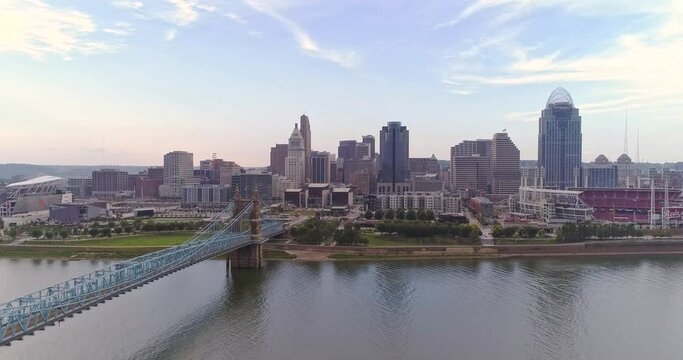 Downtown Cincinnati, Ohio skyline, over the suspension bridge