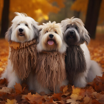 Three shaggy cute bobtail dogs dressed in knitted scarves walking in the autumn park along the fallen leaves