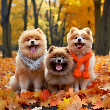 family of three fluffy ginger cute spitz dogs dressed in knitted scarves sitting in an autumn park walking on fallen leaves