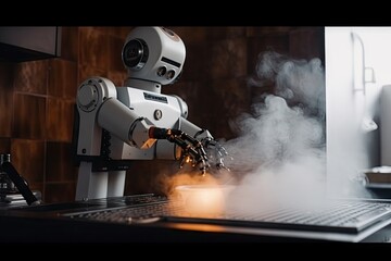 Robot attempts to cook in the kitchen