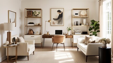 Home Office , A functional yet chic workspace featuring a mid-century desk, a statement chair, and carefully curated art pieces