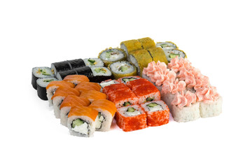 A set of beautiful and fresh fish and shrimp rolls. On a white background