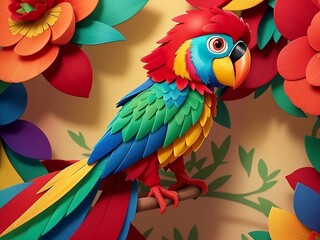 A multicolor parr0t in a flowre background. kirigami