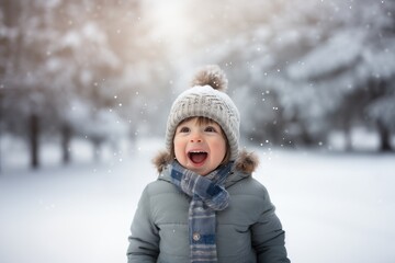 Fototapeta na wymiar Cute child with happy face wearing a warm hat and warm jacket surrounded with snowflakes. Winter holidays concept.