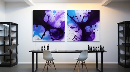 Ink Art Studio , A minimalist studio with oversized canvases featuring ink blots that resemble celestial bodies