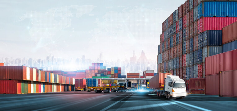Transport of container cargo truck at container yard background, Commercial seaport and depot service management system, Logistics import export goods of freight global transportation industry concept