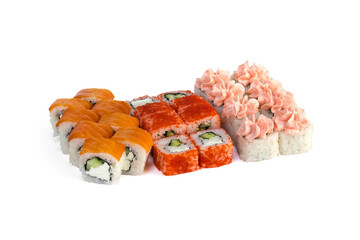 A set of beautiful and fresh fish and shrimp rolls. On a white background