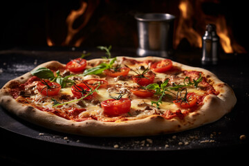 Food photography, pizza in a luxurious Michelin kitchen style, studio lighting, depth of field, ultra detailed