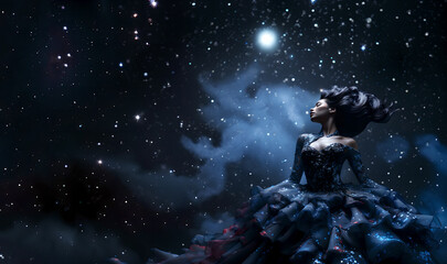 A woman in a beautiful frilled blue dress. She is standing against a space theme background. Haute couture fashion.