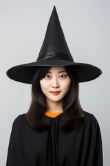Asian Woman in Witch Costume Halloween Portrait Isolated on White Background, Studio Style