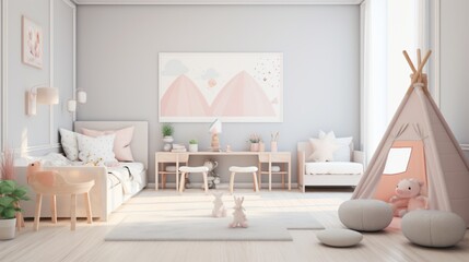 Kids' Room , A children's room painted in pastel shades that incorporate Nordic minimalism and coastal fun