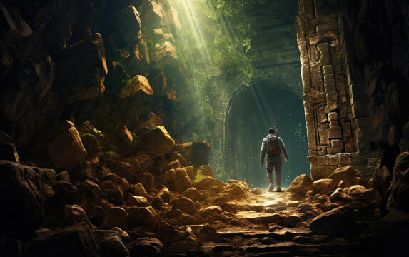 Explorer archaeologist walking through the ruins of an ancient city illustrating adventure and the search of a lost treasure.