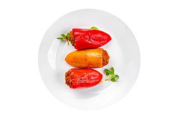 stuffed pepper meat stuffing bell pepper paprika pork, beef, chicken meat second course meal food snack on the table copy space food background rustic top view 