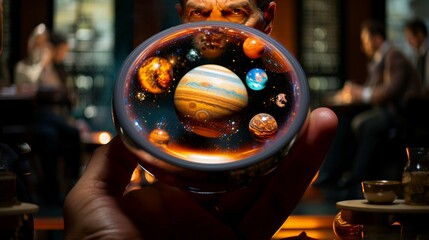 galaxy in a glass, business standing in front of a hand holding a glass filled with planets