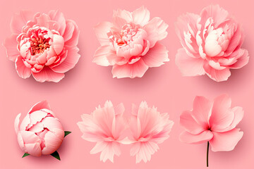 Set of pink peony petals on pink background