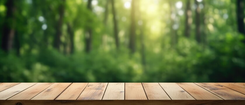 Empty wood table top with on blurred dark green fores, Generative AI
